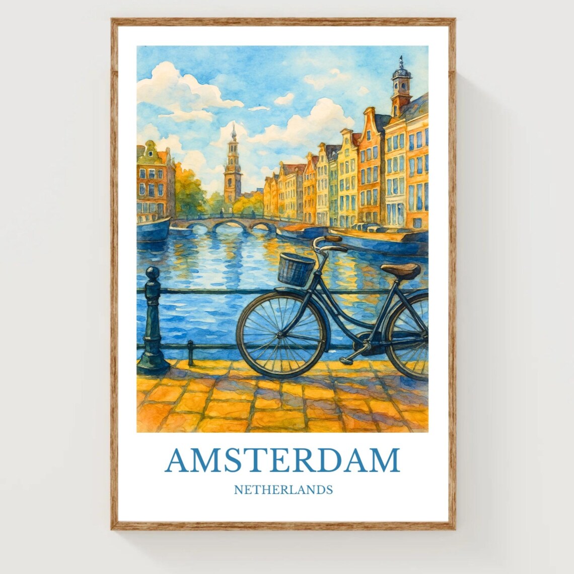 Amsterdam Netherlands Watercolor Canal Bicycle Gabled Houses Poster