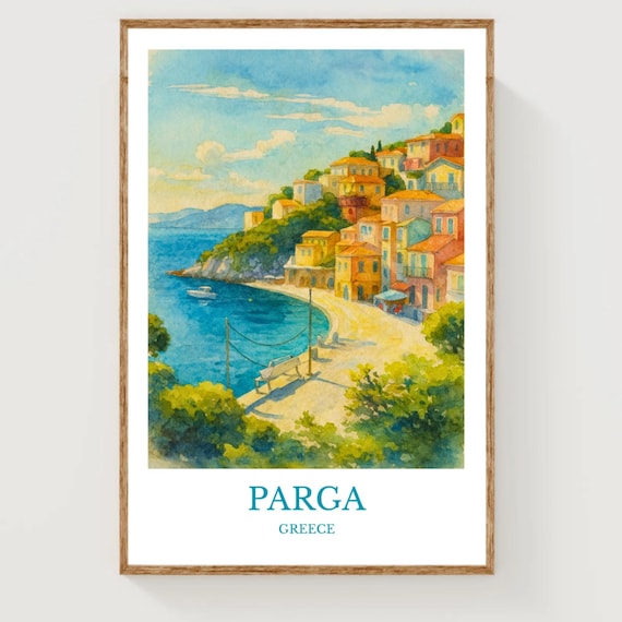 Parga Greece Coastal Town Cliffside Bay Watercolor Travel Poster