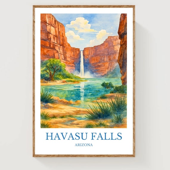 Havasu Falls Arizona Watercolor Travel Poster with Red Rock Cliffs