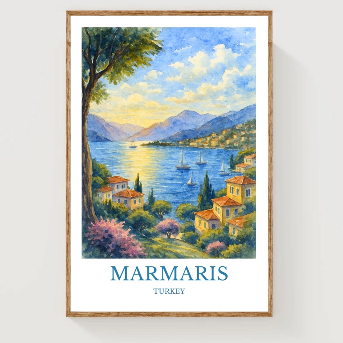 Marmaris Turkey Bay Sailboats Villas Sunset Watercolor Travel Poster