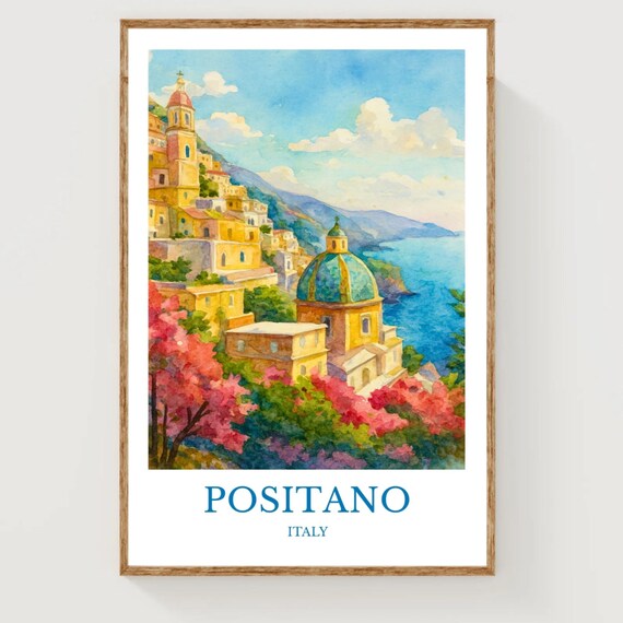 Positano Italy Cliffside Town Bougainvillea Watercolor Travel Poster