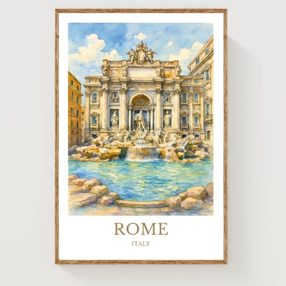 Rome Trevi Fountain Watercolor Travel Poster Italy Vintage Cityscape Art