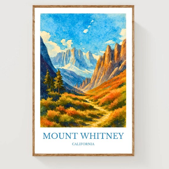 Mount Whitney California Autumn Peaks Watercolor Travel Poster