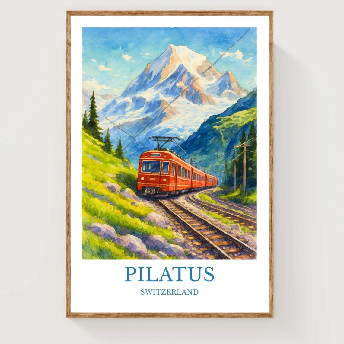 Pilatus Switzerland Red Alpine Train Snow Peak Watercolor Poster