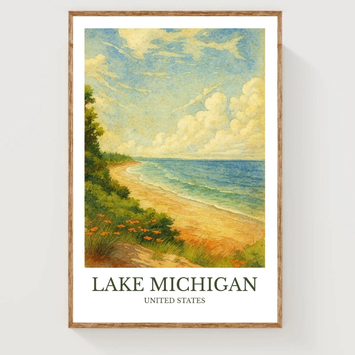 Lake Michigan Watercolor Travel Poster, United States