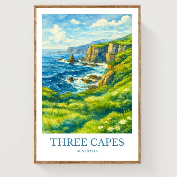 Three Capes Australia Coastal Cliffs Watercolor Travel Poster