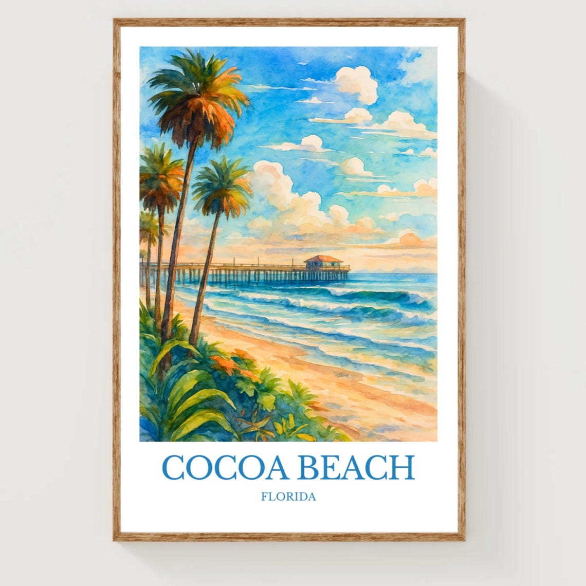 Cocoa Beach Florida Pier Palm Trees Watercolor Travel Art Poster