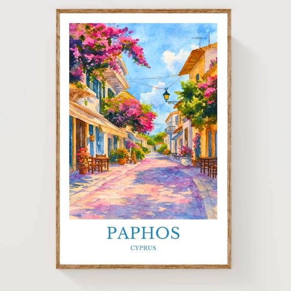 Paphos Cyprus Bougainvillea Street Watercolor Mediterranean Poster