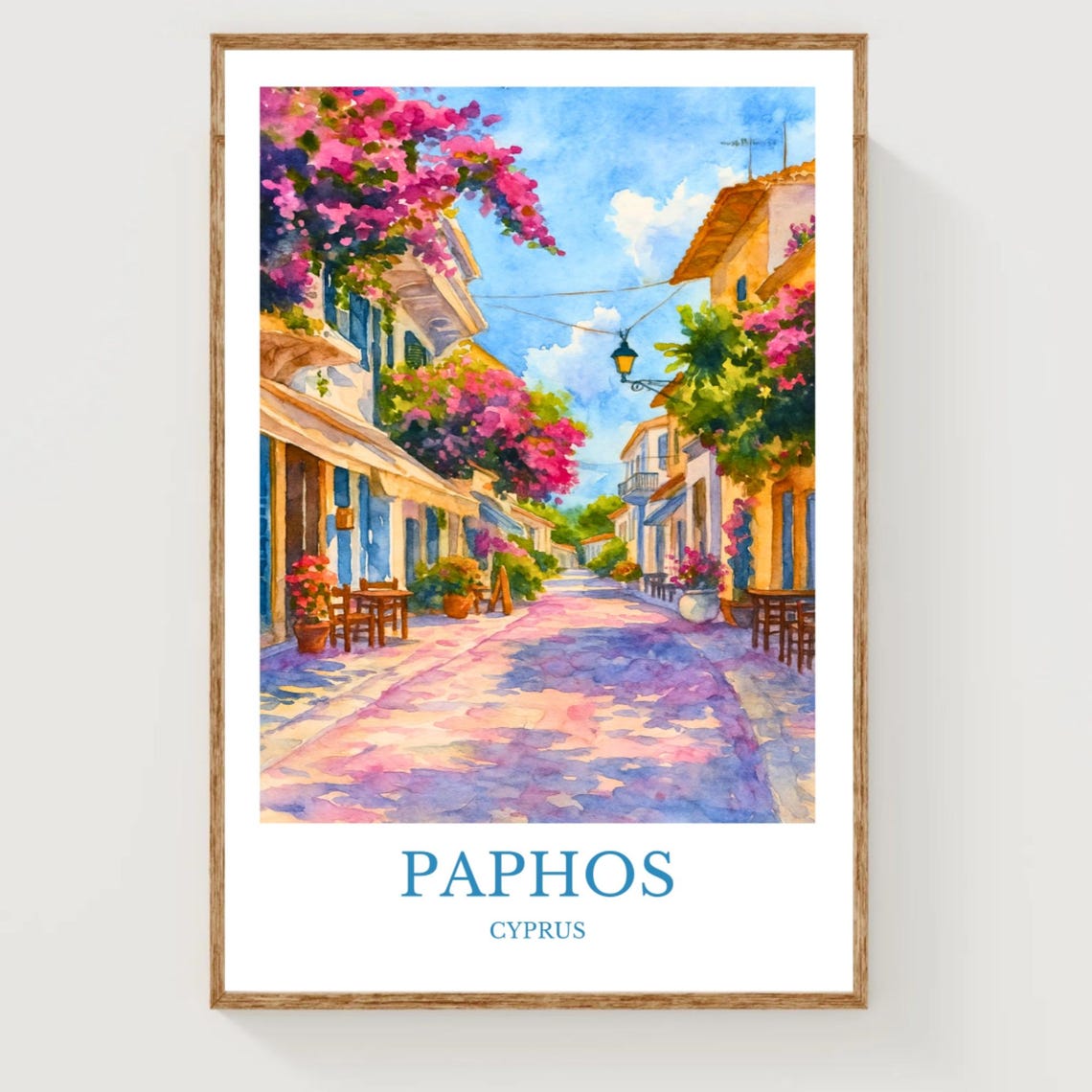 Paphos Cyprus Bougainvillea Street Watercolor Mediterranean Poster