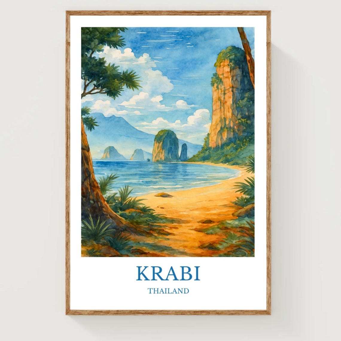 Krabi Thailand Limestone Cliffs Beach Watercolor Travel Print