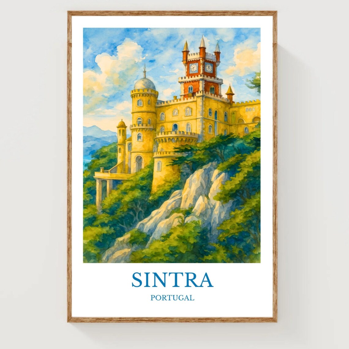 Sintra Portugal Pena Palace Hilltop Watercolor Travel Poster