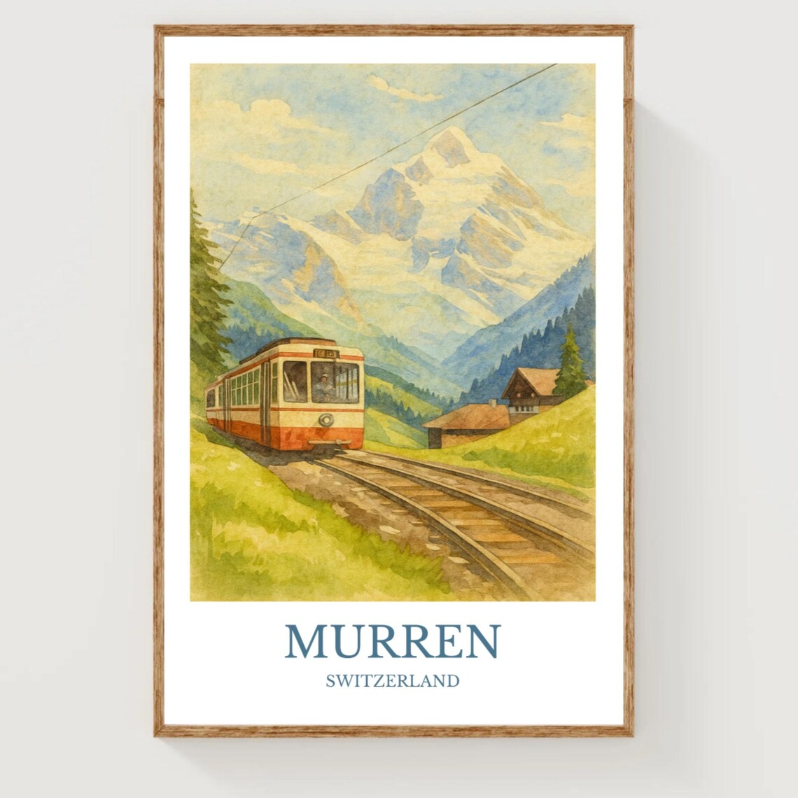 Murren Switzerland Alpine Train Snowy Peak Watercolor Travel Poster
