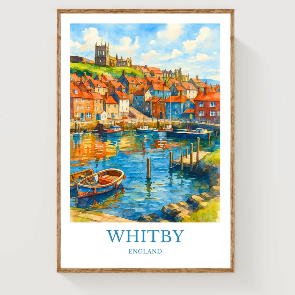 Whitby England Harbor Watercolor Fishing Boats Travel Poster