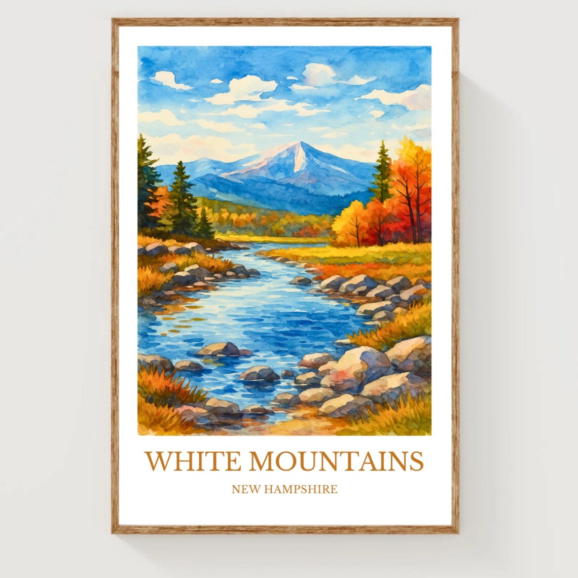 White Mountains New Hampshire Autumn River Watercolor Travel Poster