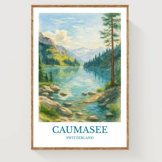 Caumasee Switzerland Pine Lake Rocky Shore Alpine Watercolor Poster