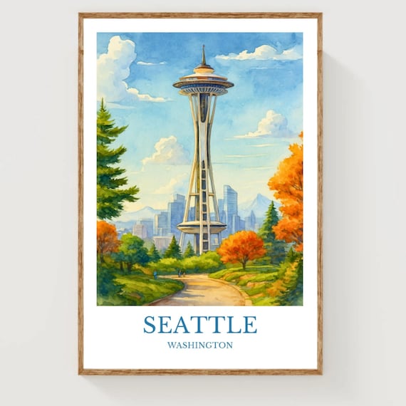 Seattle Washington Space Needle Autumn Watercolor Travel Poster