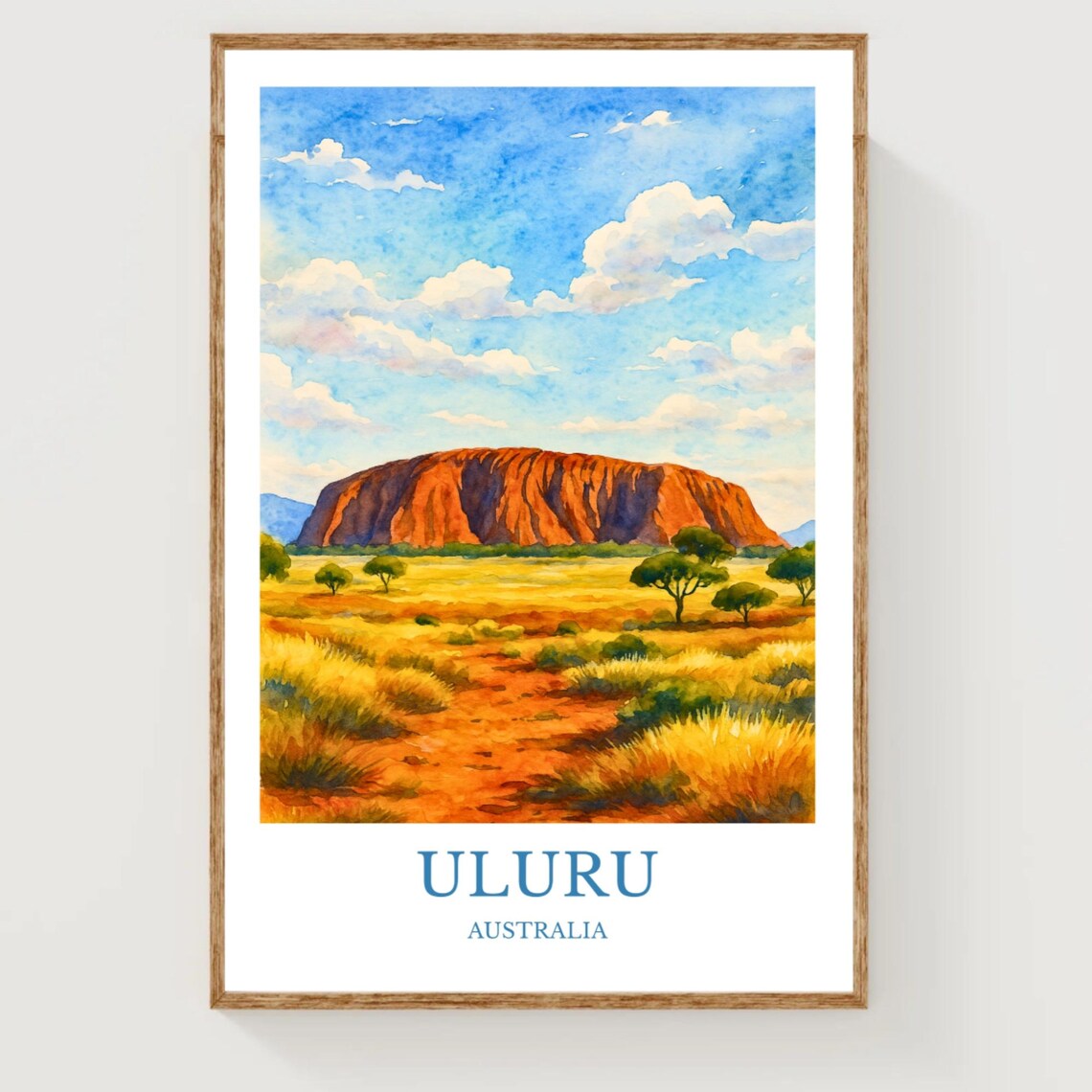 Iconic Uluru Australia Desert Watercolor Red Rock Travel Poster