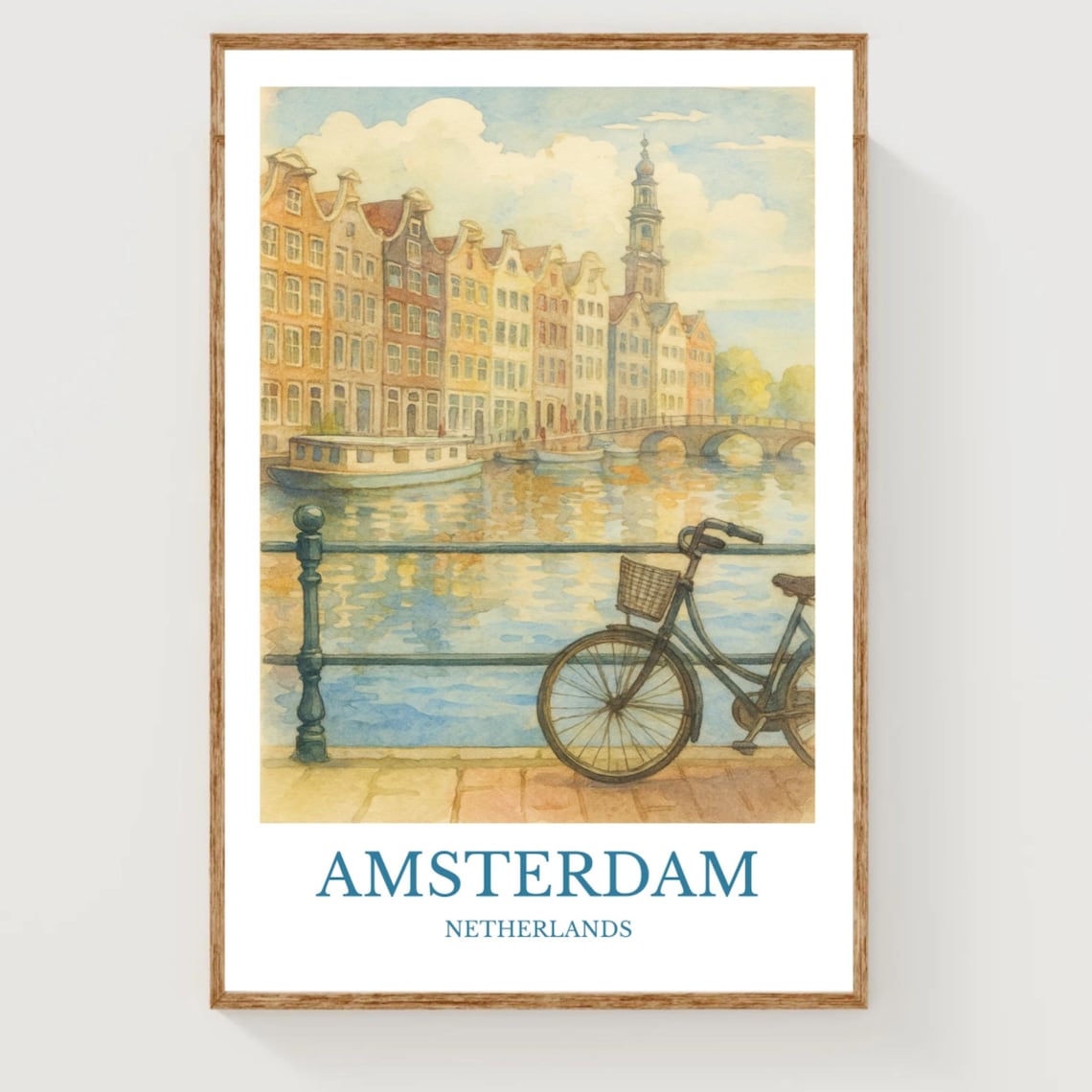 Amsterdam Canal Bicycle Gabled Houses Watercolor Travel Art Poster