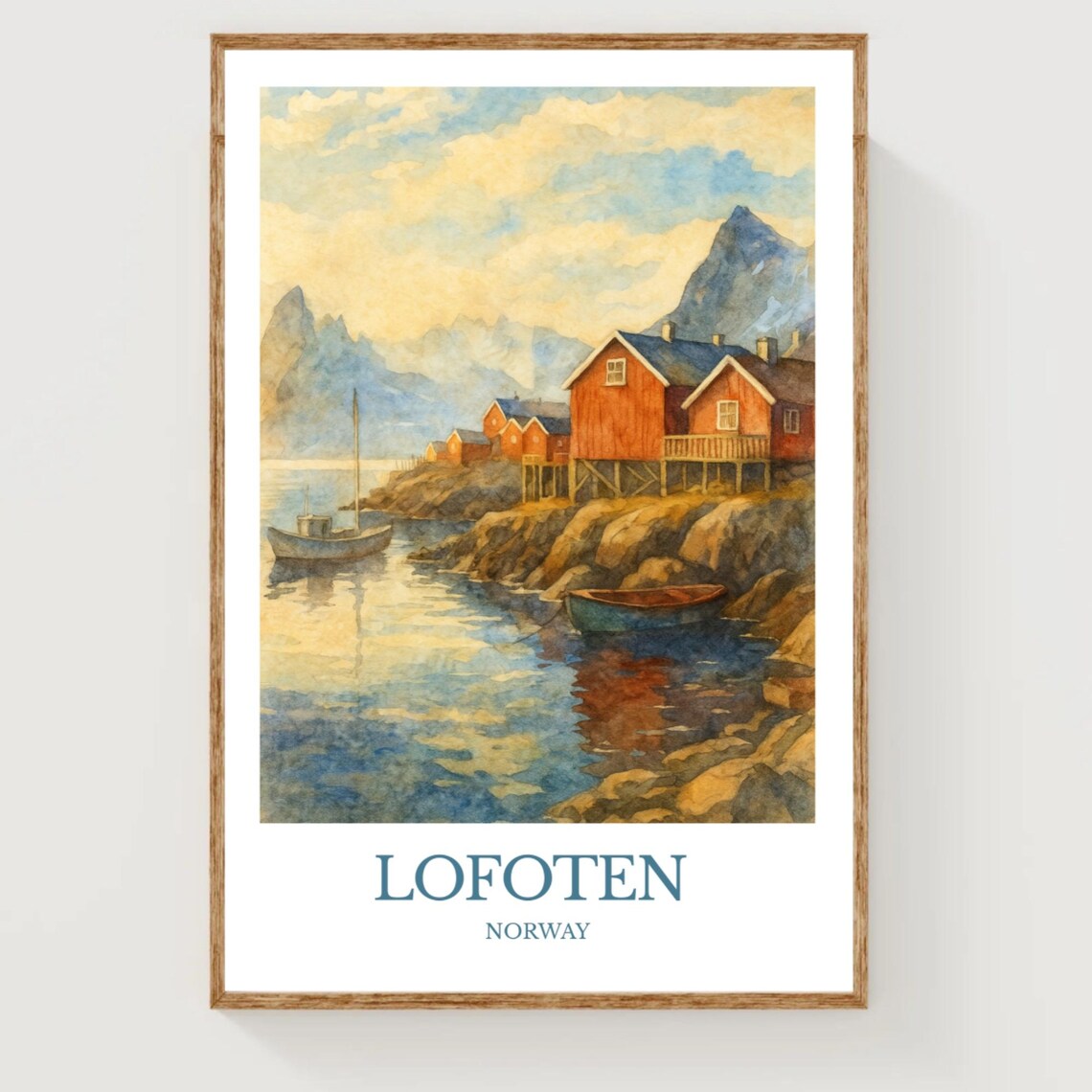 Lofoten Norway Red Fishing Cabins Fjord Watercolor Travel Poster
