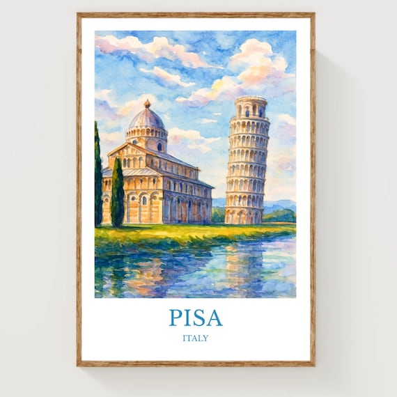 Pisa Italy Leaning Tower Cathedral Watercolor Travel Art Poster