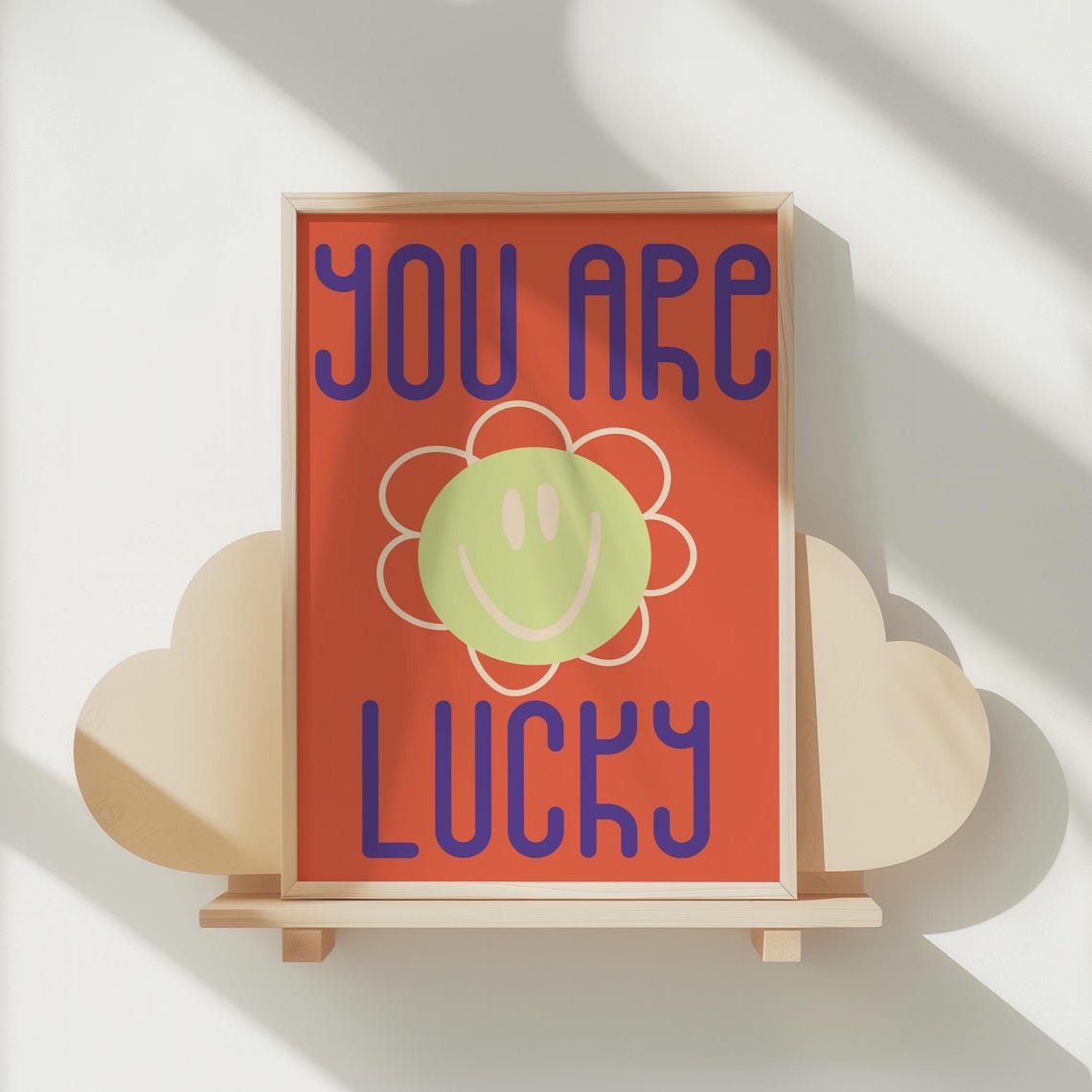 You Are Lucky Smiley Flower Red Retro Nursery Affirmation Wall Art