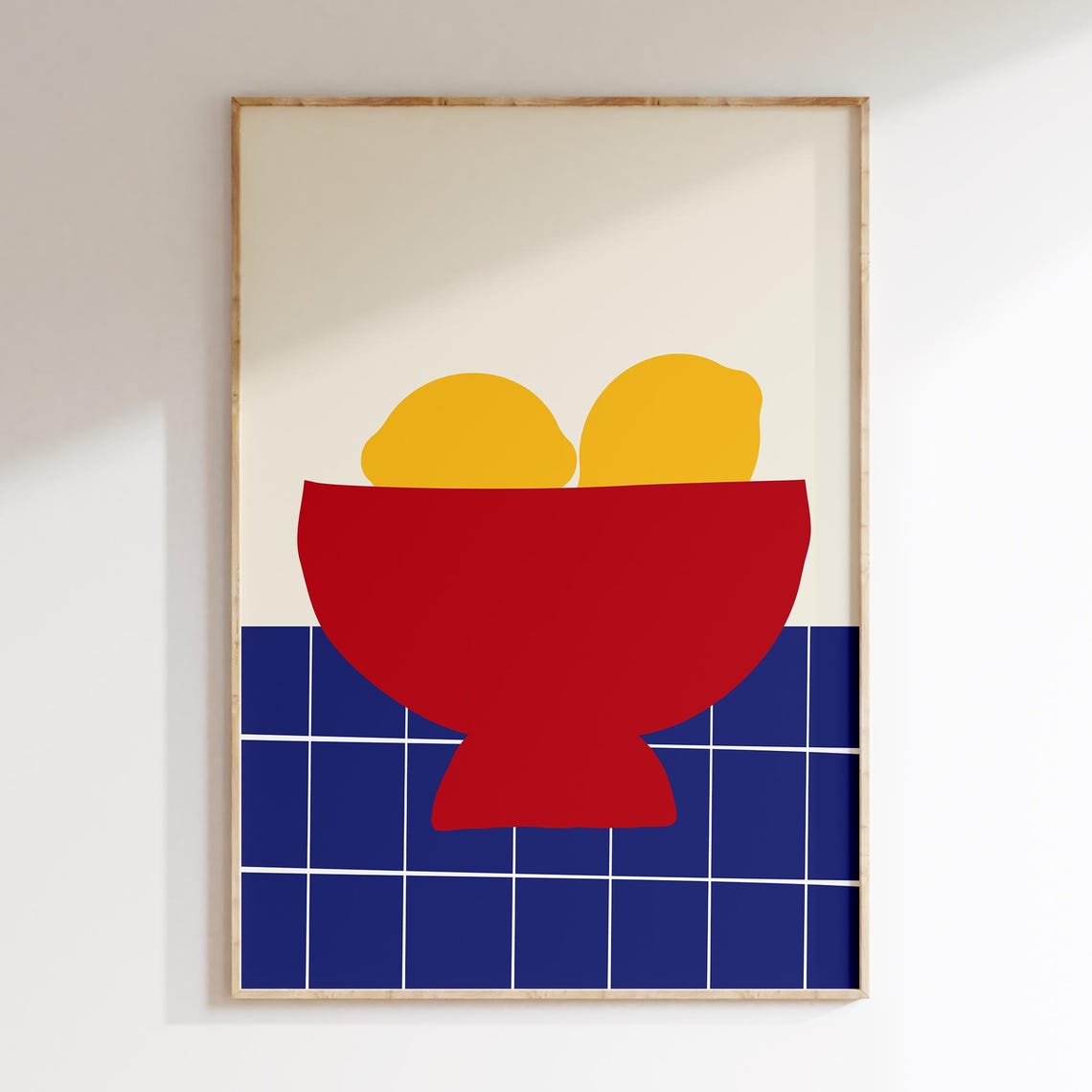 Two Yellow Lemons in Red Bowl on Blue Tile Modern Kitchen Poster