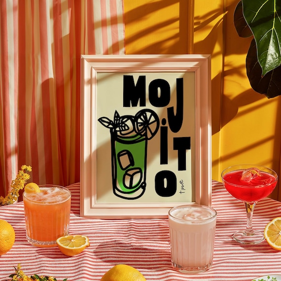 Mojito Time Bold Green Cocktail Glass Mint Illustration Poster