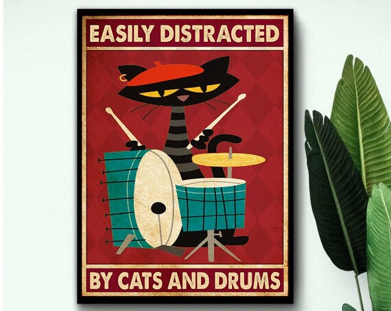 Easily Distracted by Cats and Drums Cartoon Black Cat Poster