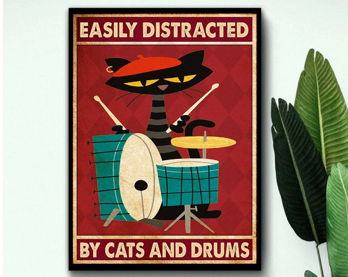 Easily Distracted by Cats and Drums Cartoon Black Cat Poster