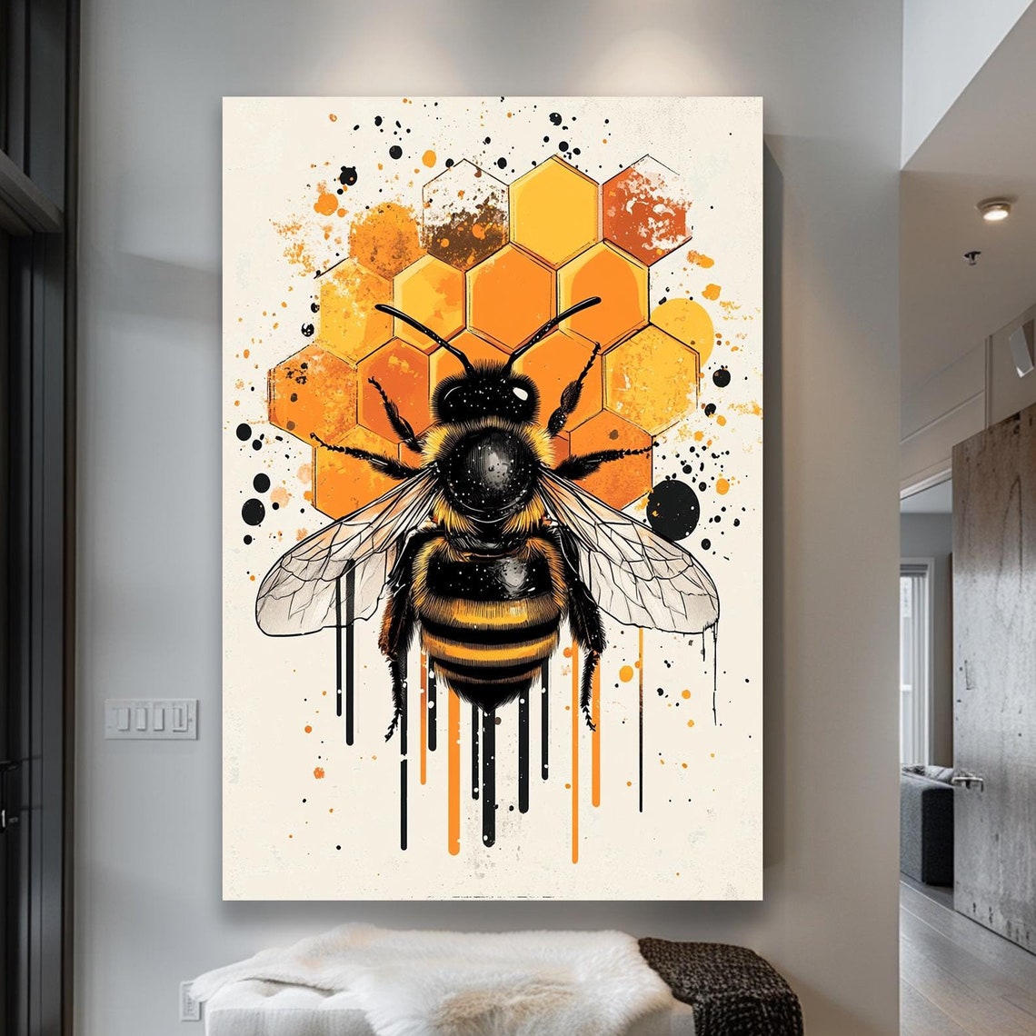 Wall Decor Framed Art Home Decor Bee Artwork Bold Bee And Honeycomb Wall Decor Vibrant Wildlife Art With Abstract Art