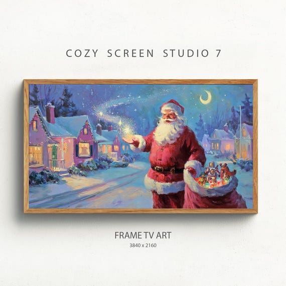 Magical Santa Claus Frame Tv Art Whimiscal Christmas Town Painting