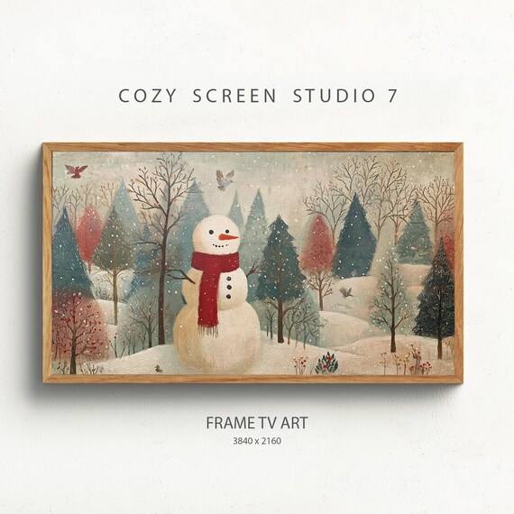 Folk Art Snowman with Red Scarf in Winter Wonderland Scene Poster