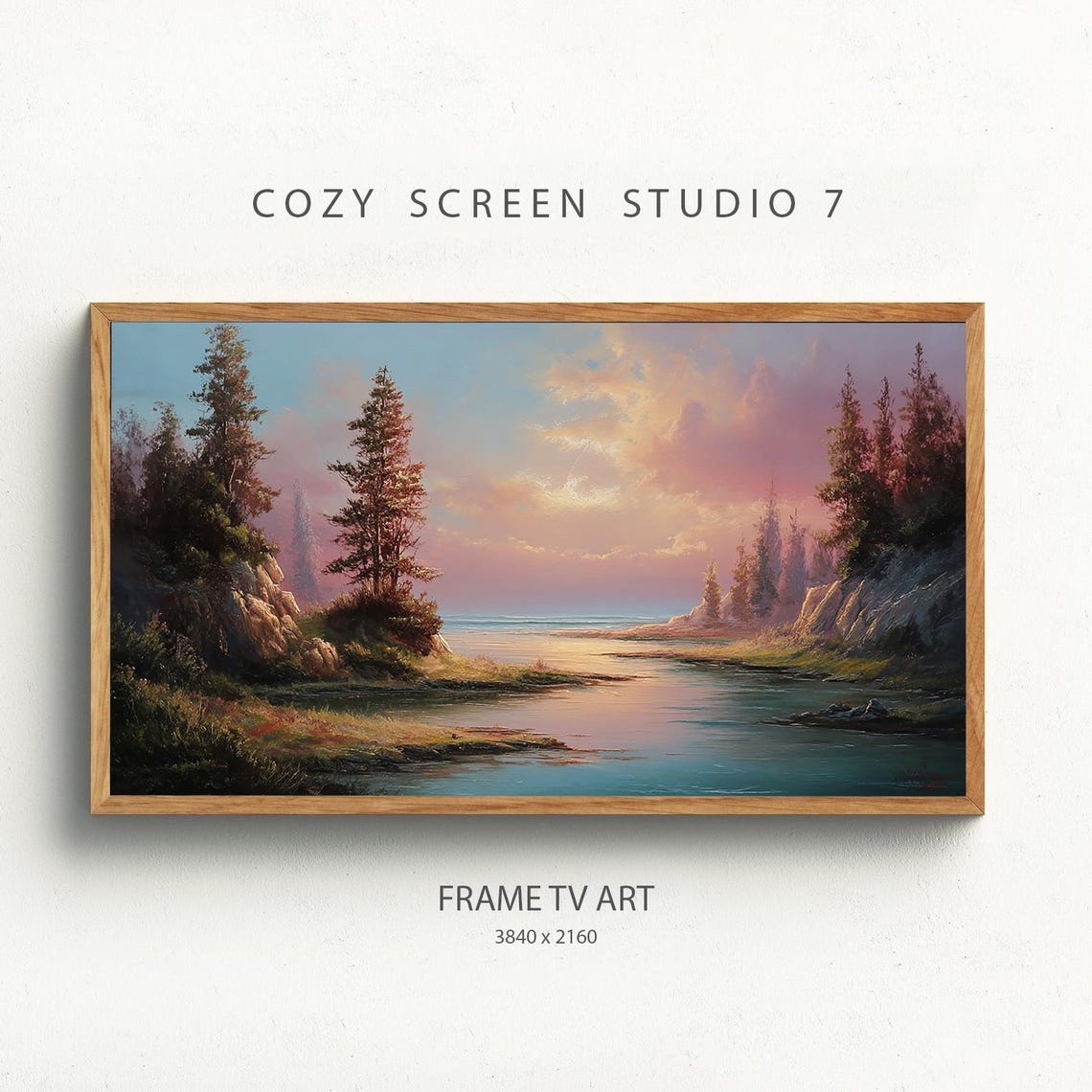 Serene Estuary Sunset Tall Pine River Landscape Painting Poster