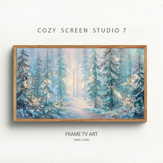 Snowy Winter Forest Sparkling Lights Blue Landscape Art Poster