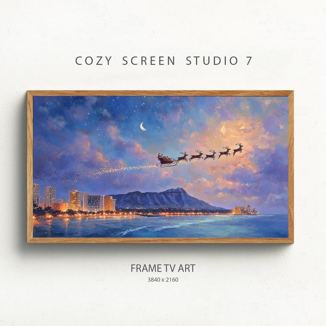Santa And Reindeer Flying Over Hawaii Frame Tv Art Tropical Christmas Painting