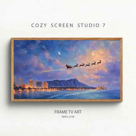 Santa And Reindeer Flying Over Hawaii Frame Tv Art Tropical Christmas Painting