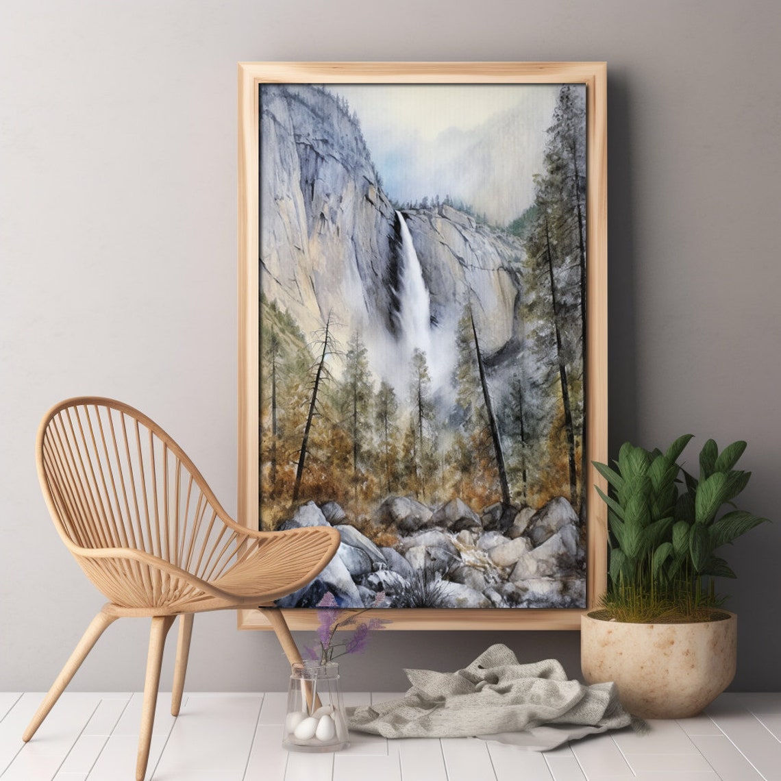 Tall Granite Cliff Waterfall Pine Forest Watercolor Scenic Poster - Image 4