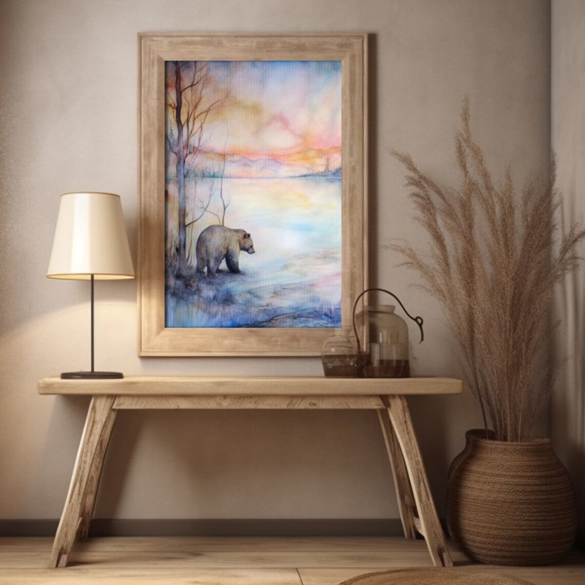 Bear By Misty Lake Watercolor Art Print Golden Sunset Wildlife Nature Poster - Image 4
