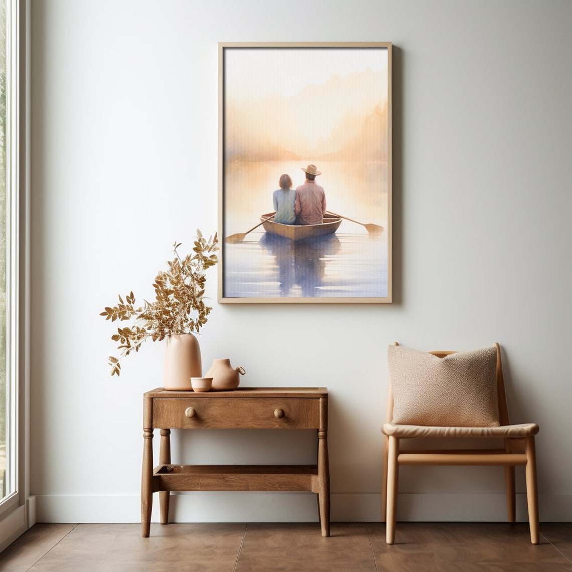 Romantic Couple Canoe Lake Sunset Watercolor Painting Poster - Image 4