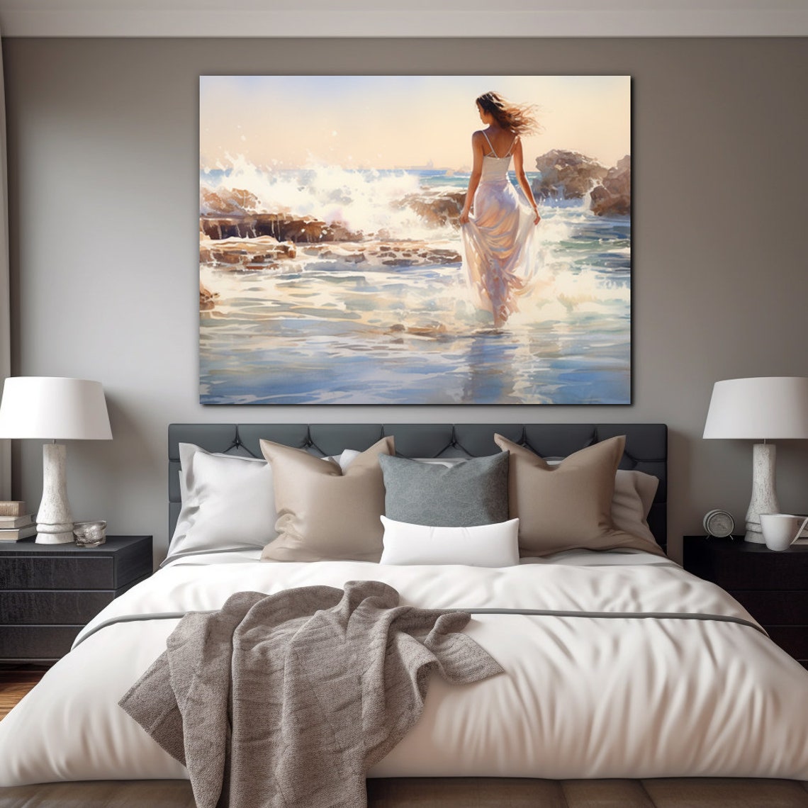 Watercolor Painting Of Woman Walking In Shallow Ocean Waves Beach House Costal Living Decor Shores Of Serenity - Image 4