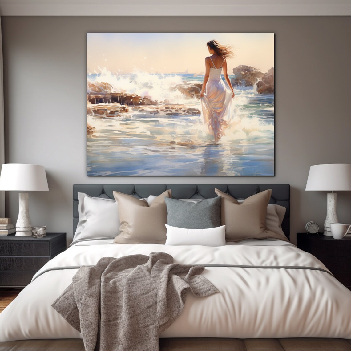 Woman In White Dress Walking Ocean Waves Sunset Watercolor Poster - Image 4