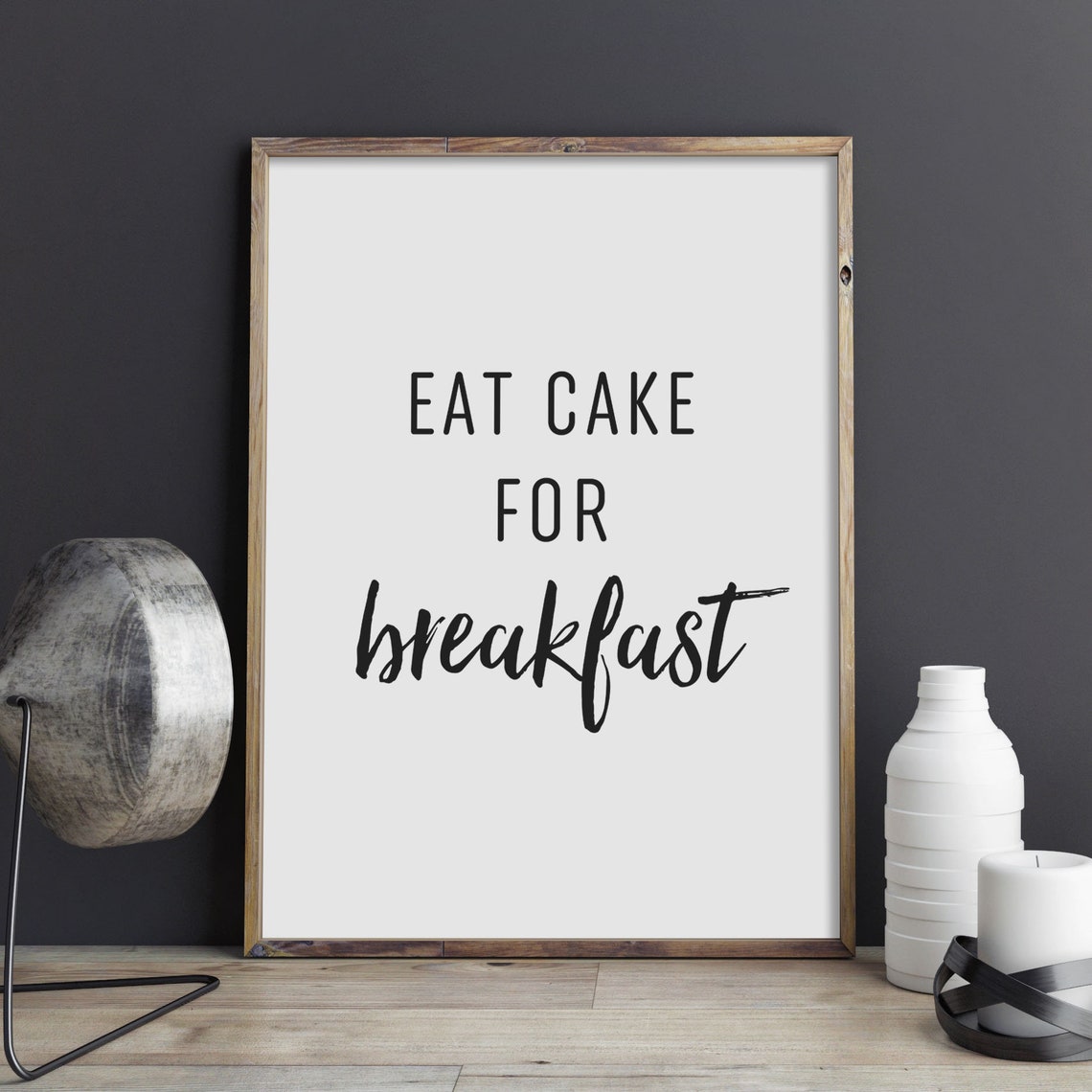 Eat Cake for Breakfast Fun Kitchen Quote Typography Black White Poster - Image 3