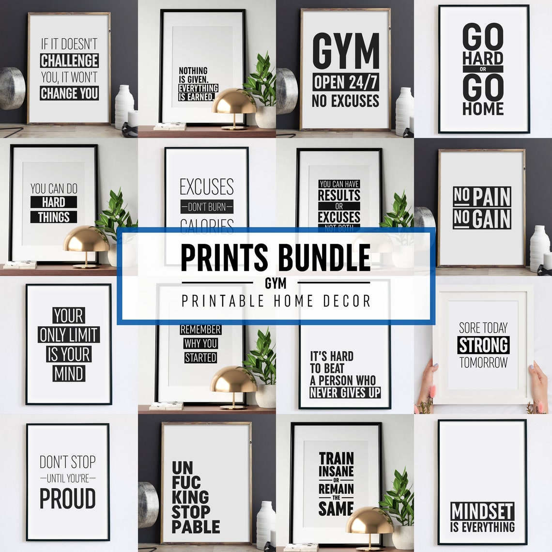 Prints Bundle 16 Posters Gym Signs Fitness Quotes Motivational Wall Art Workout Motivation Instant