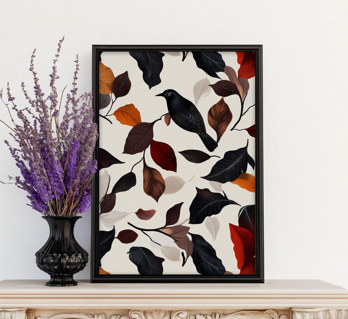 Black Bird Autumn Leaves Moody Fall Botanical Nature Art Poster - Image 3