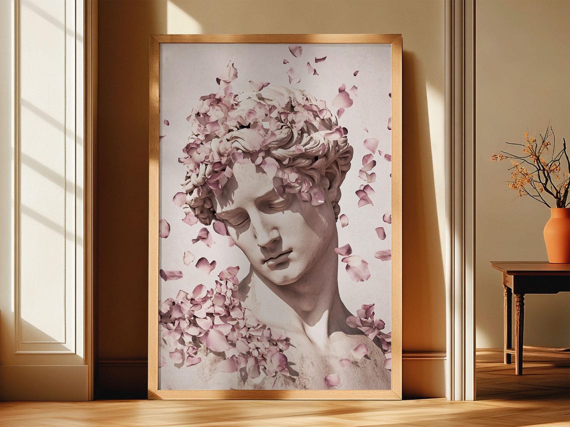 Michelangelo David Statue with Pink Petals Classical Art Poster