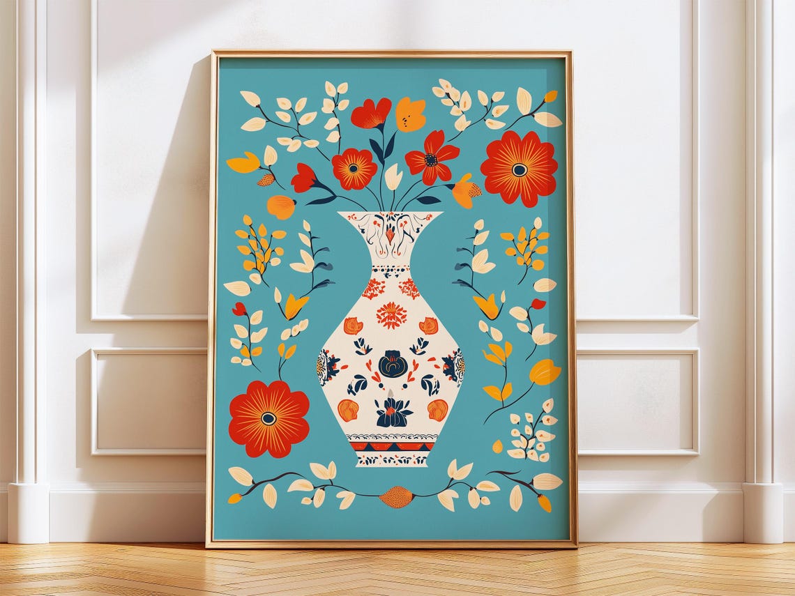 Folk Art Floral Vase Red Orange Flowers Teal Background Poster