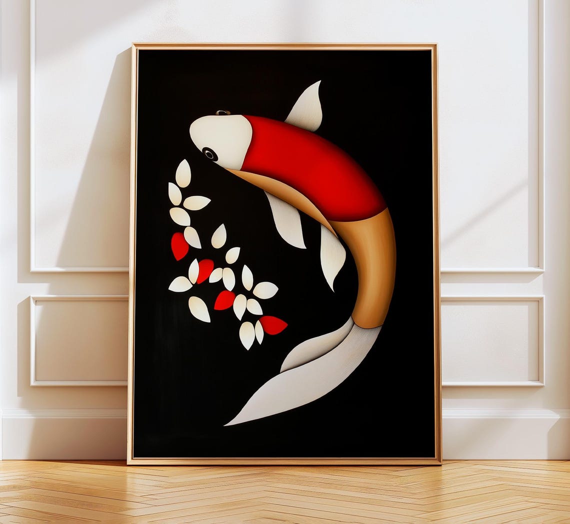 Red Koi Fish Minimalist Modern Japanese Black Background Art Poster - Image 4