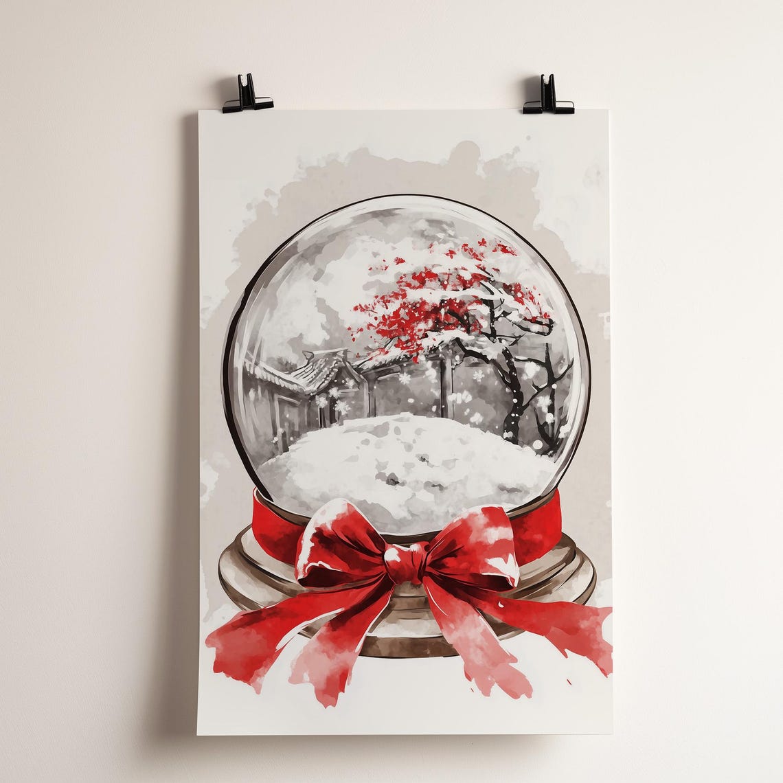 Red Bow Snow Globe With Japanese Pagoda Winter Scene Art Poster - Image 3