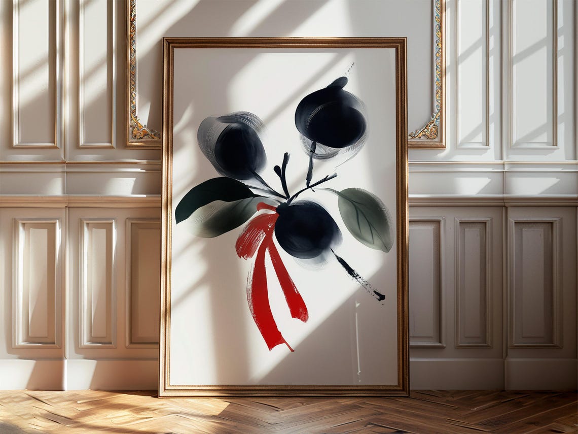Ink Plum Branch Red Ribbon Watercolor Art and Greeting Card Poster - Image 5