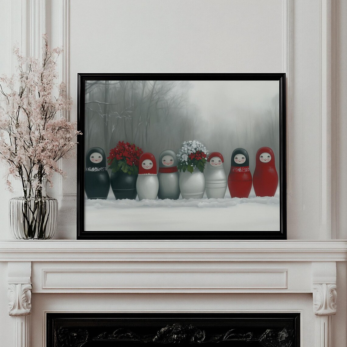 Matryoshka Nesting Dolls With Poinsettias In Snowy Forest Poster - Image 3